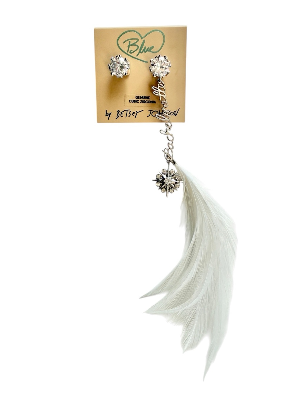 Betsey Johnson Blue Bridal Bachelorette Mismatched CZ Feather Earrings NWT